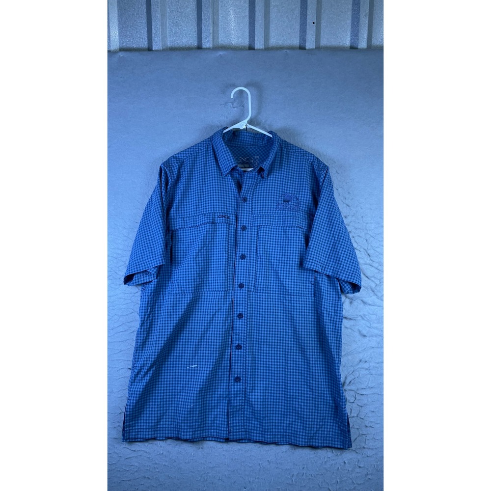 Gander Mountain Fishing Shirt Mens LG Blue Good Gingham Vented Short Sleeve